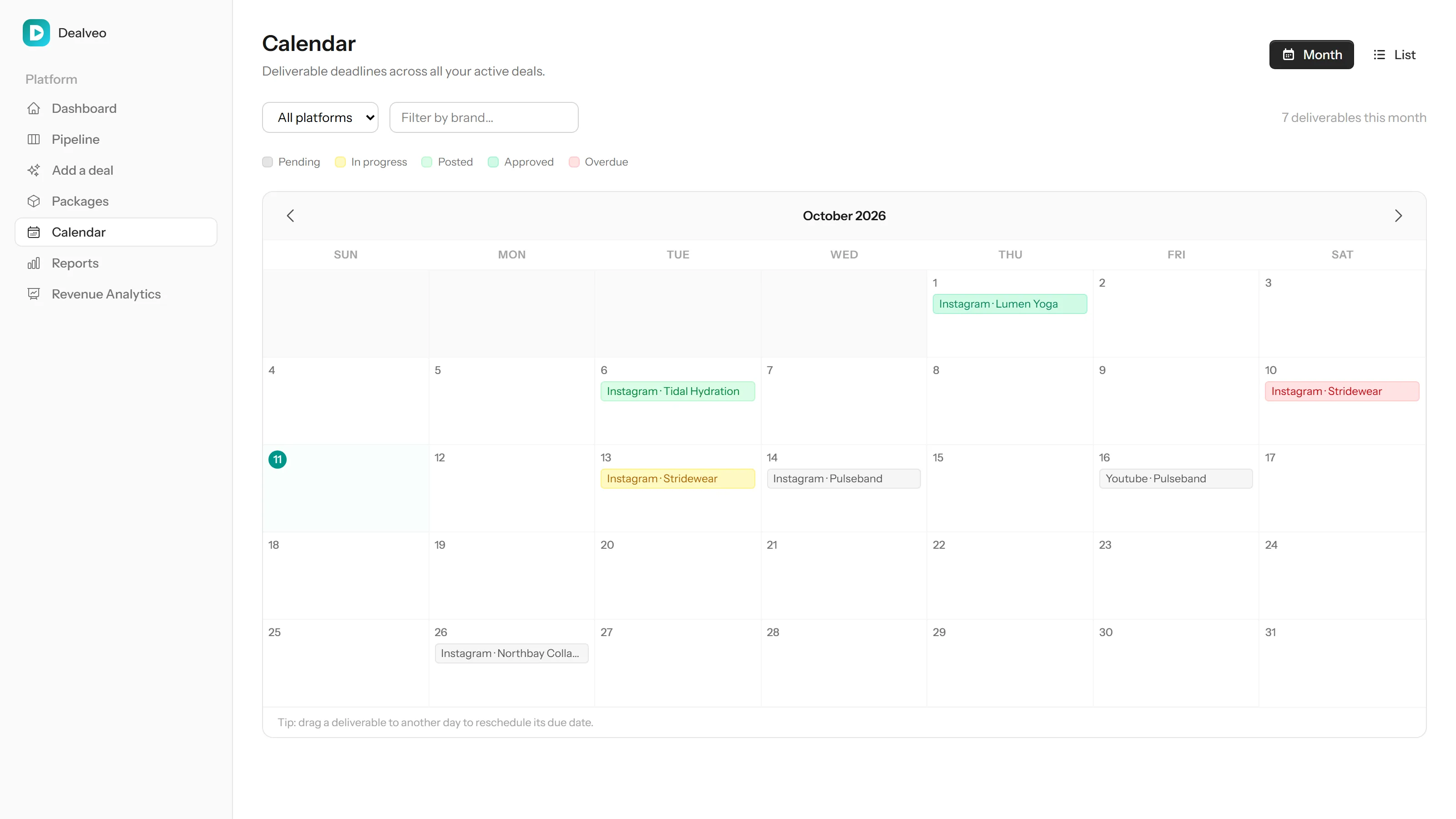 Deliverables calendar for October with Instagram and YouTube deliverables color-coded by status