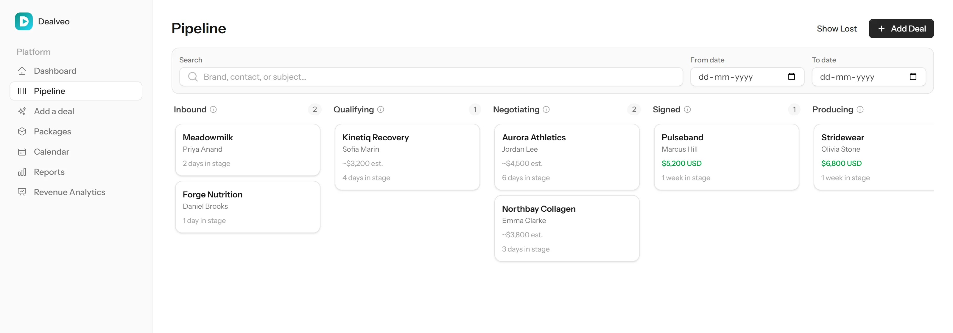 Dealveo pipeline board with brand deals organized by stage, from inbound to producing